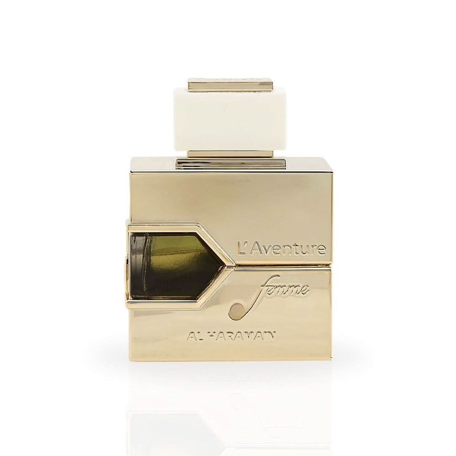 Al Haramain L'Aventure Femme Eau de Parfum spray bottle, 100ml, sleek design showcasing the fragrance packaging.