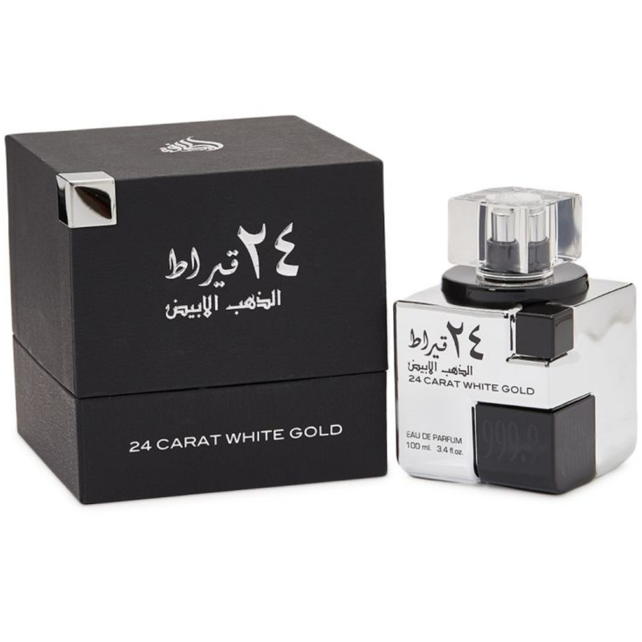 Lattafa 24 Carat White Gold Eau De Parfum 100ml bottle with elegant white and gold packaging.