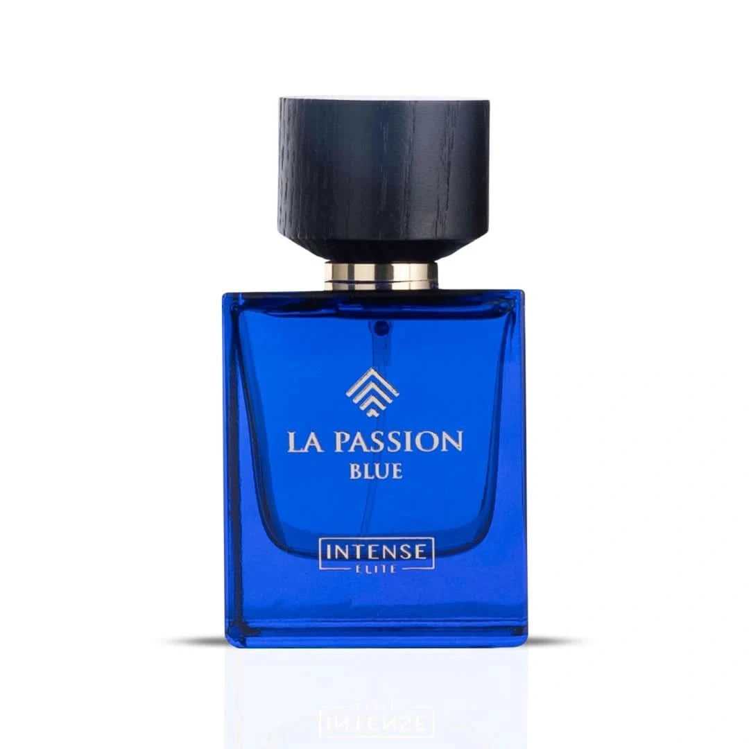 Intense Elite La Passion Blue for Men Eau De Parfum spray 100ml with velvet pouch, featuring sleek bottle design and blue accents.