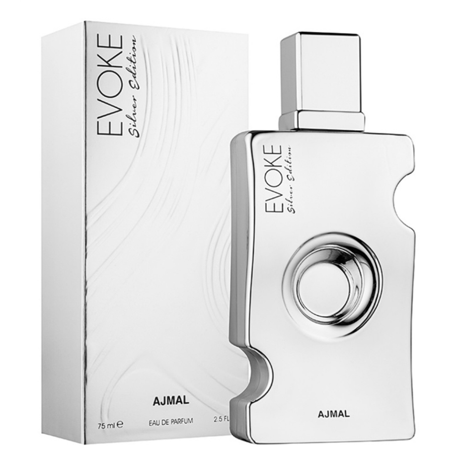 Evoke Silver Edition for Women Eau De Parfum by Ajmal in 75ml bottle, featuring sleek silver packaging and elegant design.