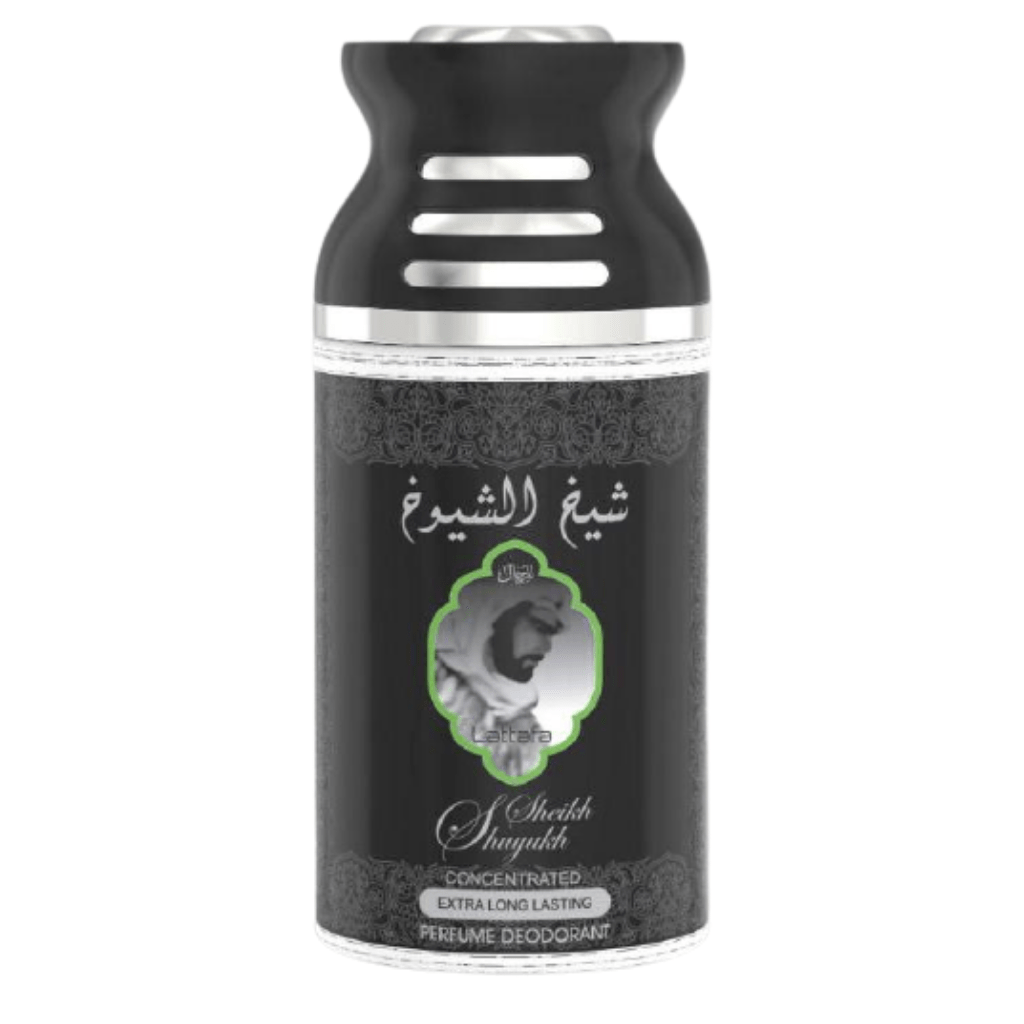 Lattafa Sheikh Al Shuyukh Deo 250ML deodorant bottle with a sleek design and label, showcasing the Lattafa brand.