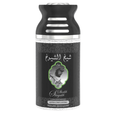 Lattafa Sheikh Al Shuyukh Deo 250ML deodorant bottle with a sleek design and label, showcasing the Lattafa brand.