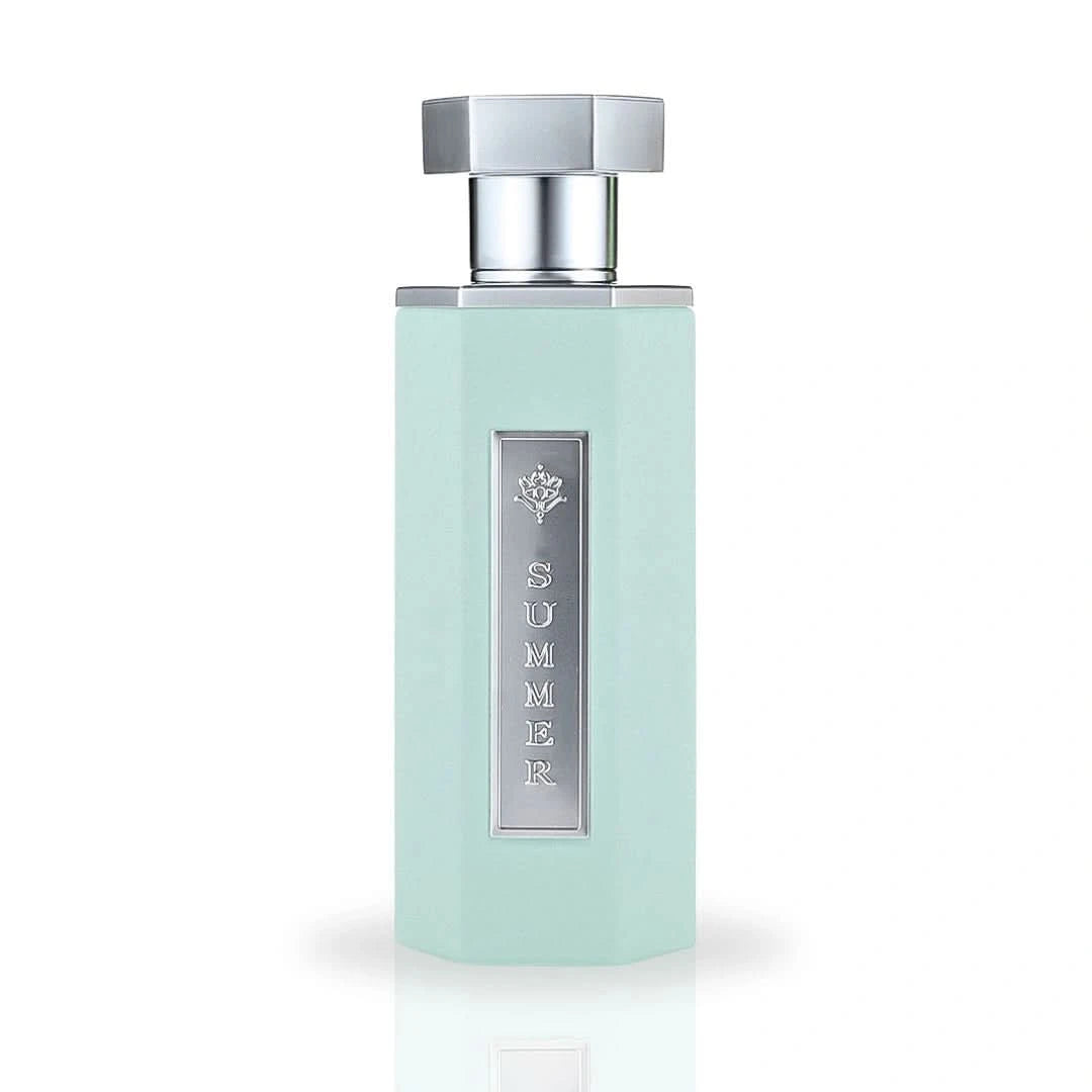 Reef Perfumes Summer Tiffany Eau de Parfum spray 100ml with velvet pouch, elegant glass bottle with floral design.