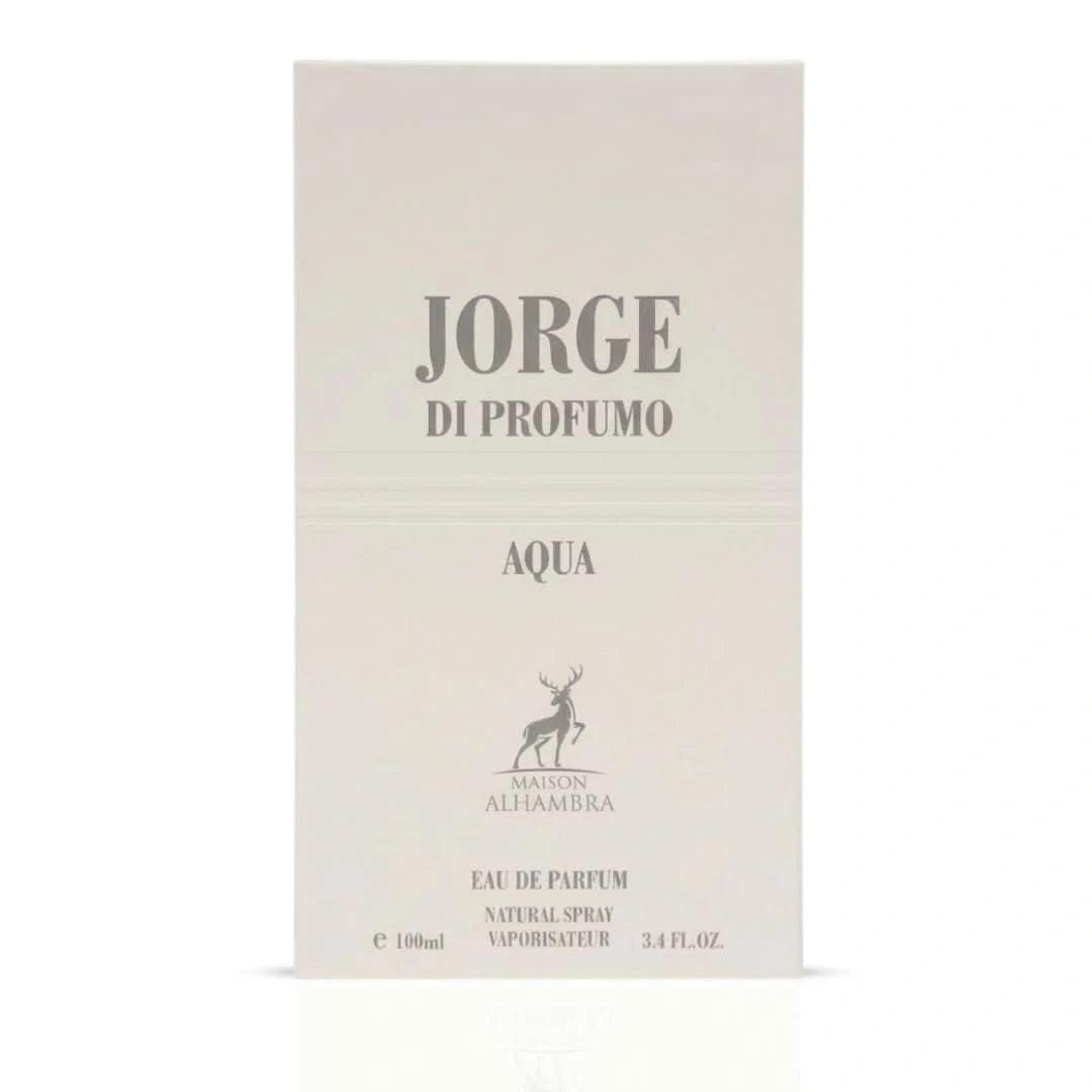 Maison Alhambra Jorge di Profumo Aqua Eau de Parfum spray 100ml, sleek bottle with elegant design.