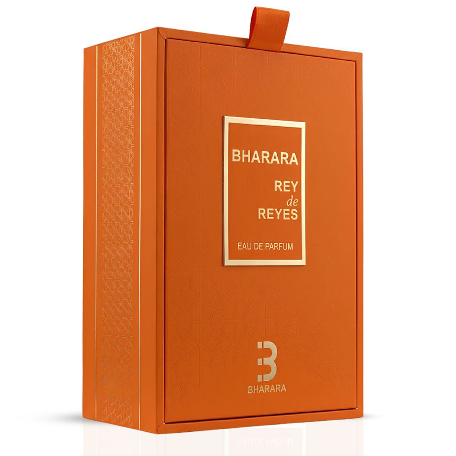 Bharara Rey de Reyes Orange Eau de Parfum spray bottle with orange-colored liquid, 100ml, by Bharara.