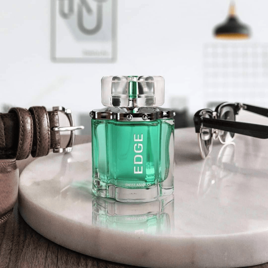 Swiss Arabian Edge for Men EDT 100ml bottle with sleek design and silver cap, showcasing the men's fragrance packaging.