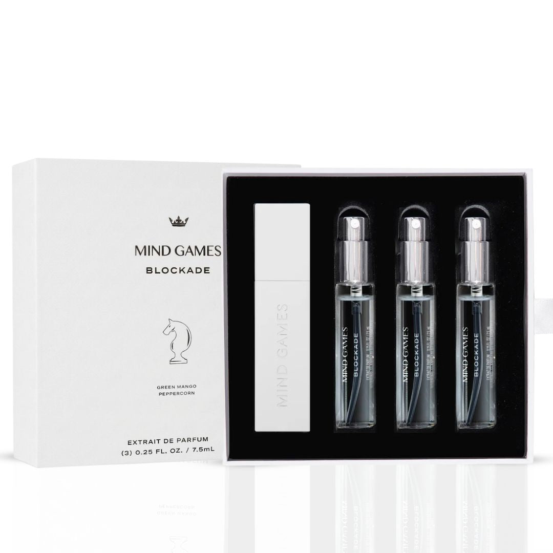 Mind Games Blockade Travel Trio includes three 7.5ml bottles of game fluid in a compact collection for travel and on-the-go use.