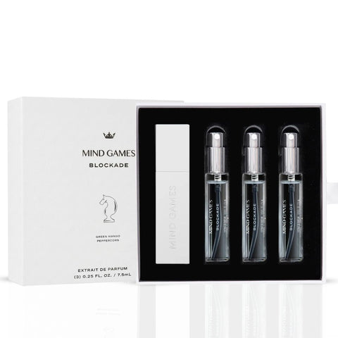 Mind Games Blockade Travel Trio includes three 7.5ml bottles of game fluid in a compact collection for travel and on-the-go use.