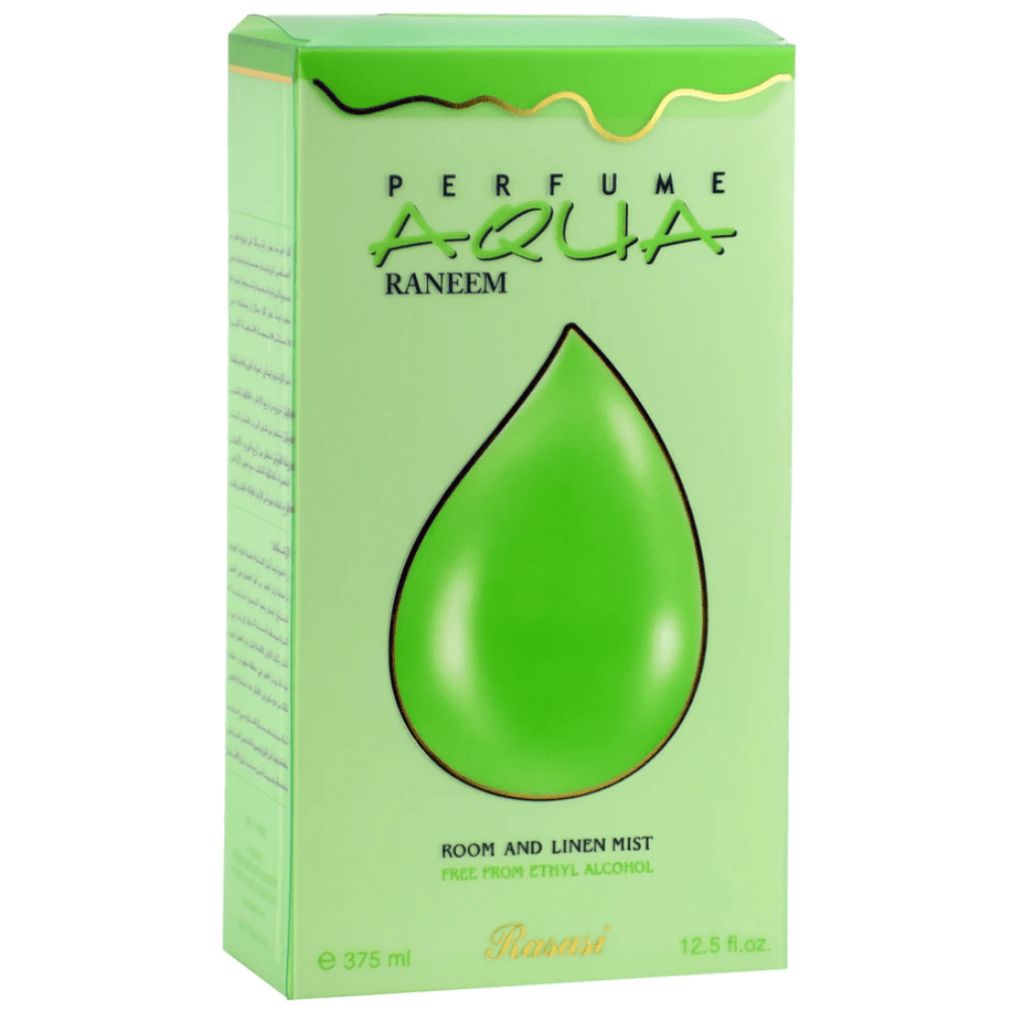 Rasasi Aqua Raneem air freshener 375ml bottle with floral and fresh scent design in clear container.