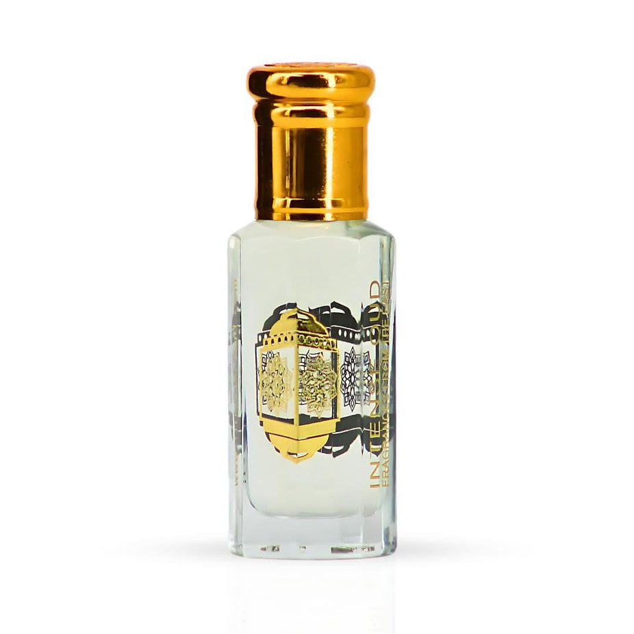 Intense Oud Al Bahar perfume oil 12ml in a clear glass bottle with black gift box, showcasing luxurious loose oil packaging.