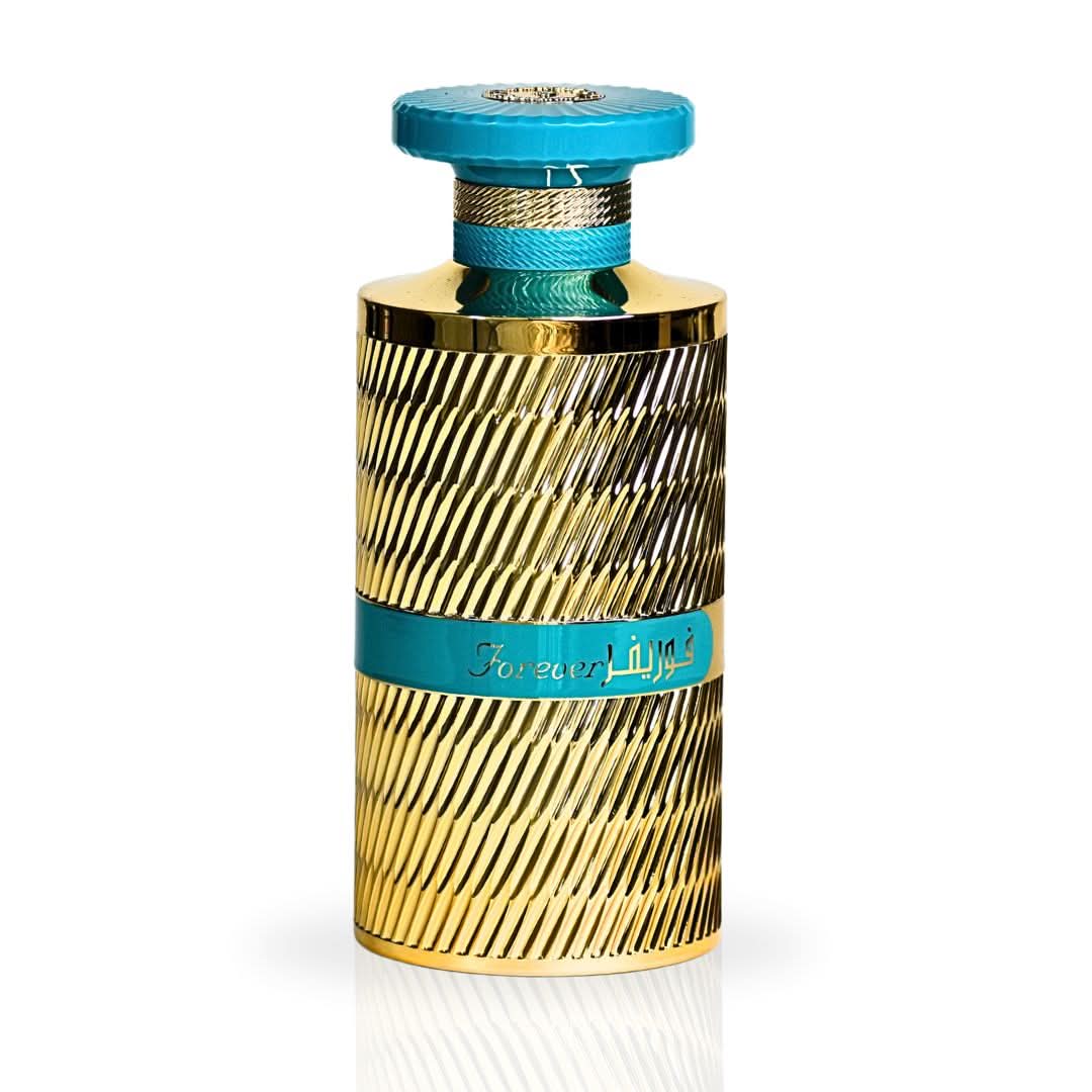 Ard Al Zaafaran Forever Gold Eau de Parfum spray 100ml with velvet pouch, featuring elegant perfume bottle and gold accents.