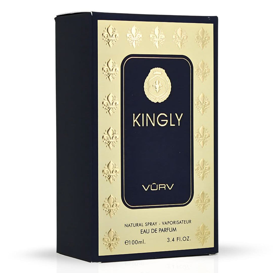 Vurv Kingly Eau de Parfum Spray for Men 100ml bottle, sleek design and packaging, showcasing the Vurv Kingly EDP for men
