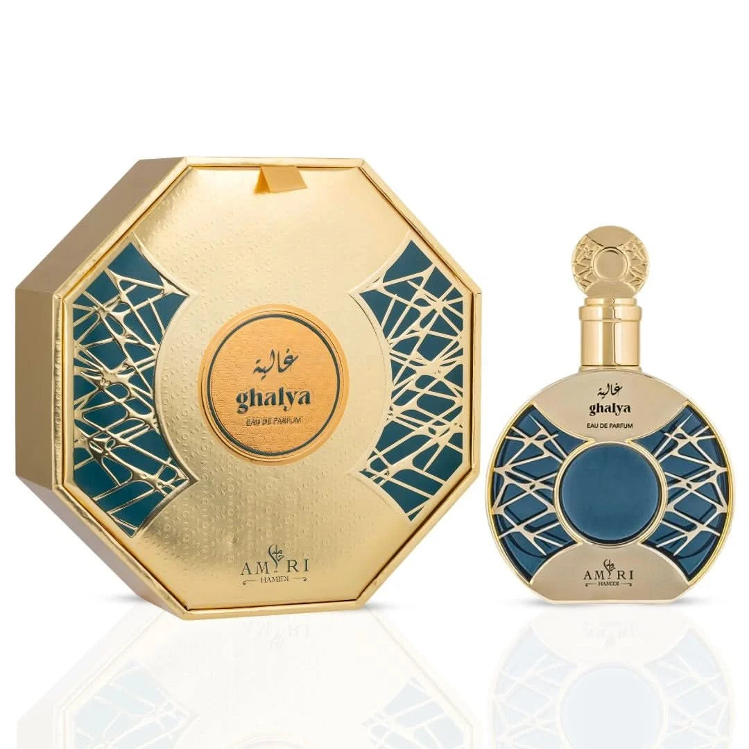 Hamidi Ghalya Amiri, Amiri Rahaf, and Fondue Exotic Eau de Parfum spray bundle in 100ml bottles, featuring elegant packaging.