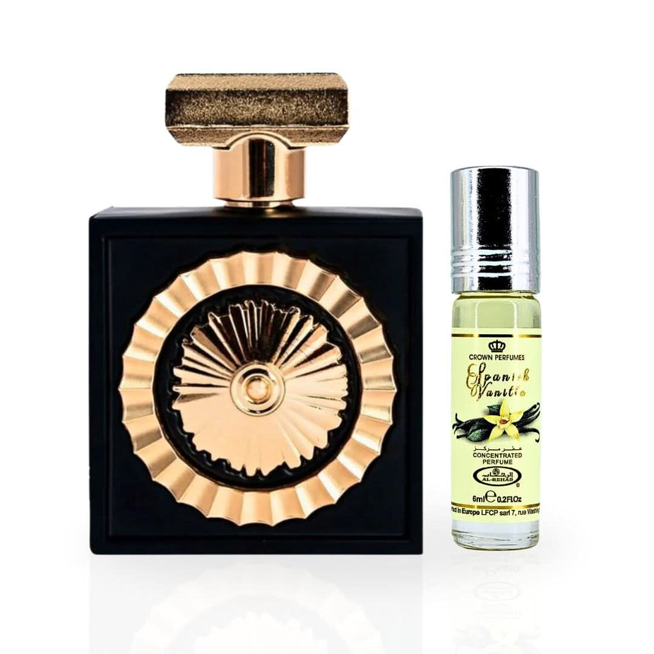Bundle of Intense Oud Nebras Eau de Parfum spray and Al Rehab Spanish Vanilla perfume oil, featuring elegant bottles and packaging.