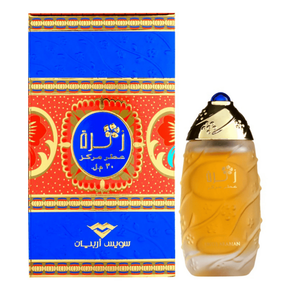 Swiss Arabian Zahra Perfume Oil 30ml CPO with elegant glass bottle and floral design, showcasing concentrated perfume oil.