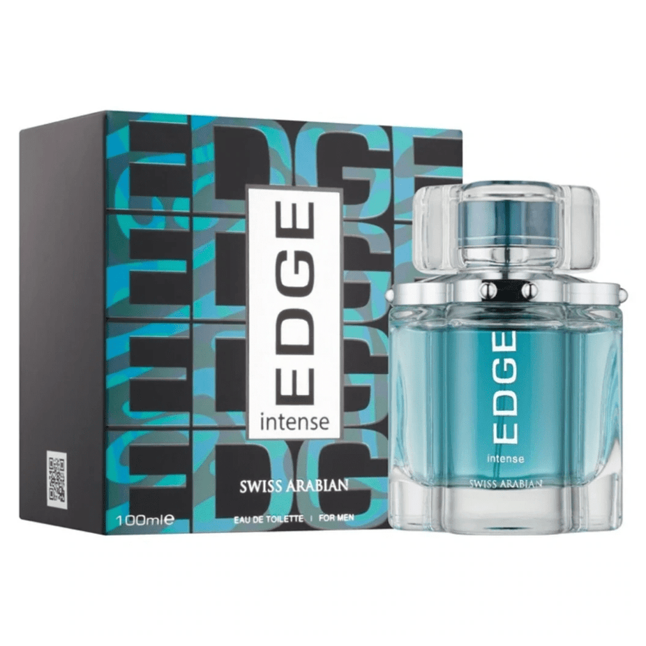 Swiss Arabian Edge Intense couple set Eau De Parfum with 100 ml bottles, featuring masculine and feminine fragrances in stylish bottles.