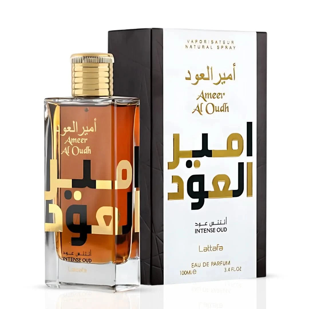 Lattafa Bade'e Al Oud & Ameer Al Oudh intense oud perfume spray bundle, 100ml each, with elegant bottle designs.