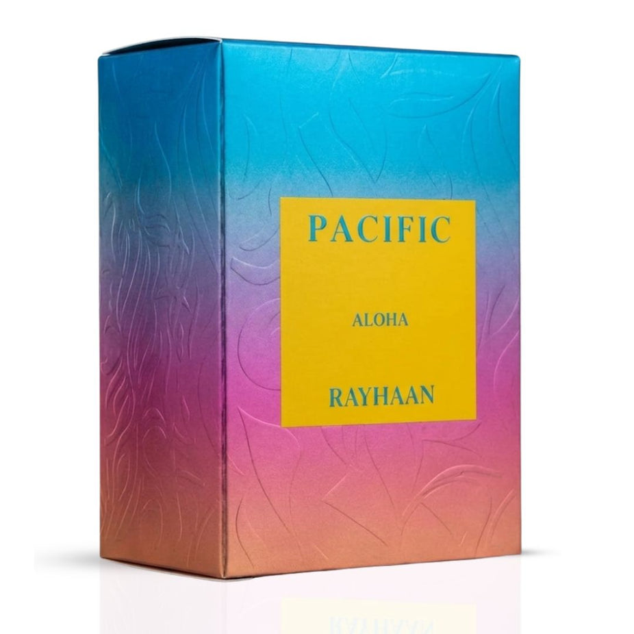 Rayhaan Pacific Aloha Eau de Parfum Spray 100ml bottle with elegant packaging and floral design, showcasing the Rayhaan brand.