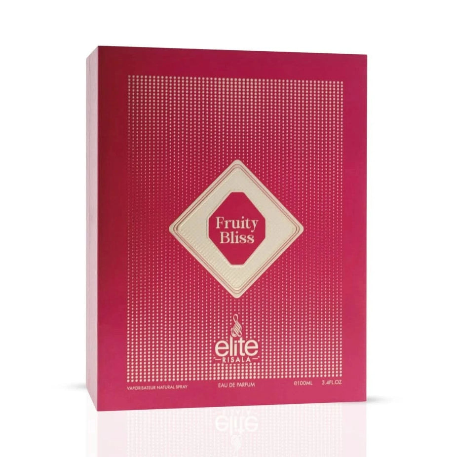 Elite Risala Fruity Bliss Eau de Parfum spray 100ml bottle, showcasing the elegant fragrance packaging and design.