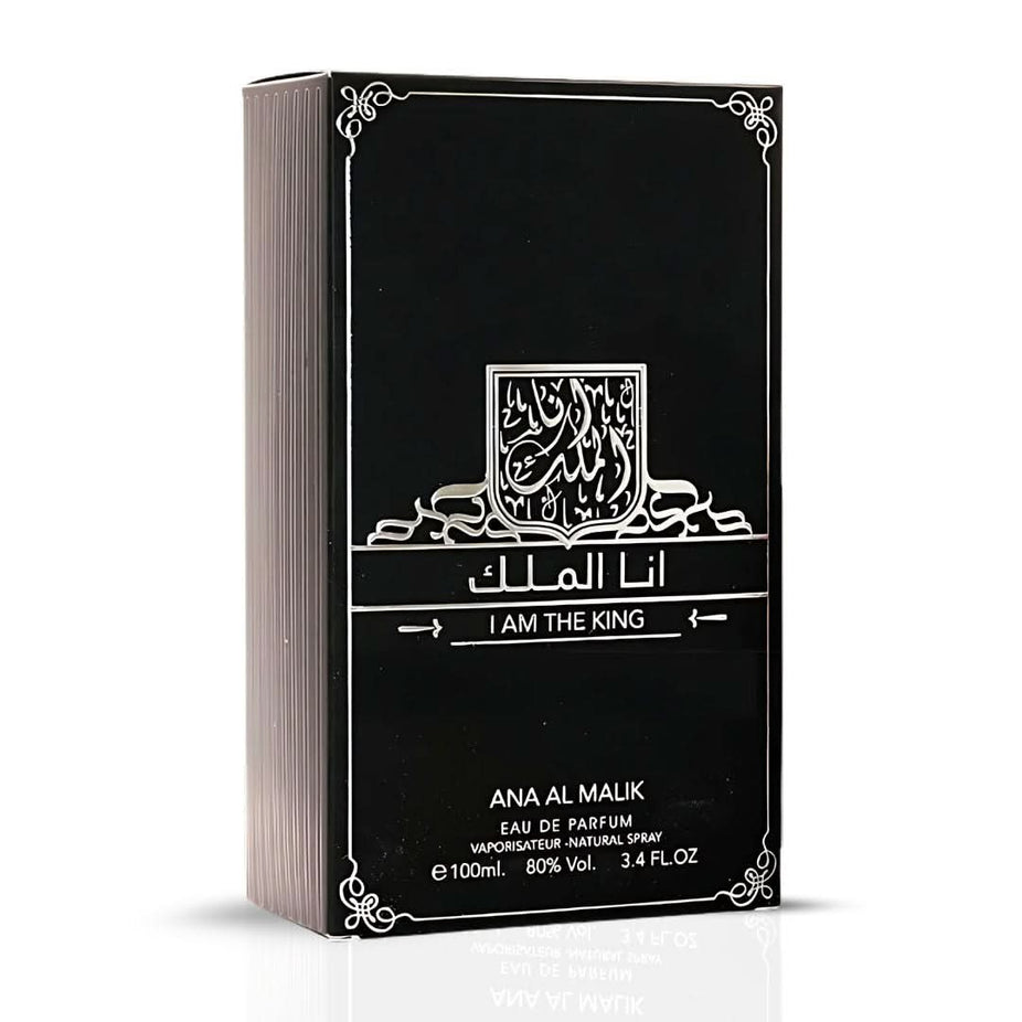 Bottle of I Am the King Eau De Parfum for Men by Ard Al Zaafaran, 100mL, with dark glass and elegant fragrance label.