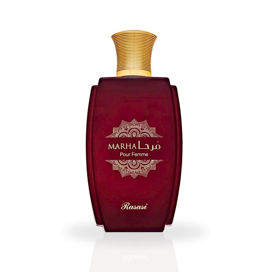 Rasasi Marha Pour Femme Eau de Parfum spray 100ml with velvet pouch, featuring elegant perfume bottle and packaging.