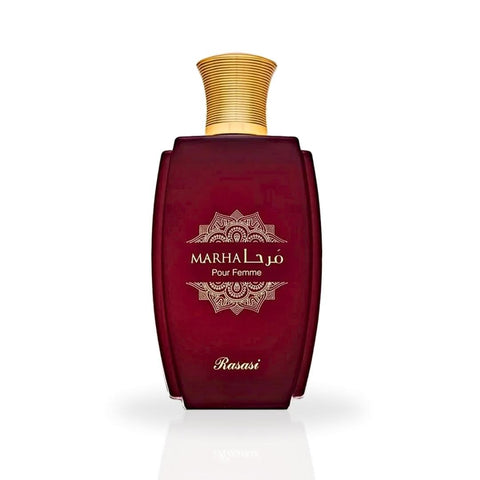 Rasasi Marha Pour Femme Eau de Parfum spray 100ml with velvet pouch, featuring elegant perfume bottle and packaging.