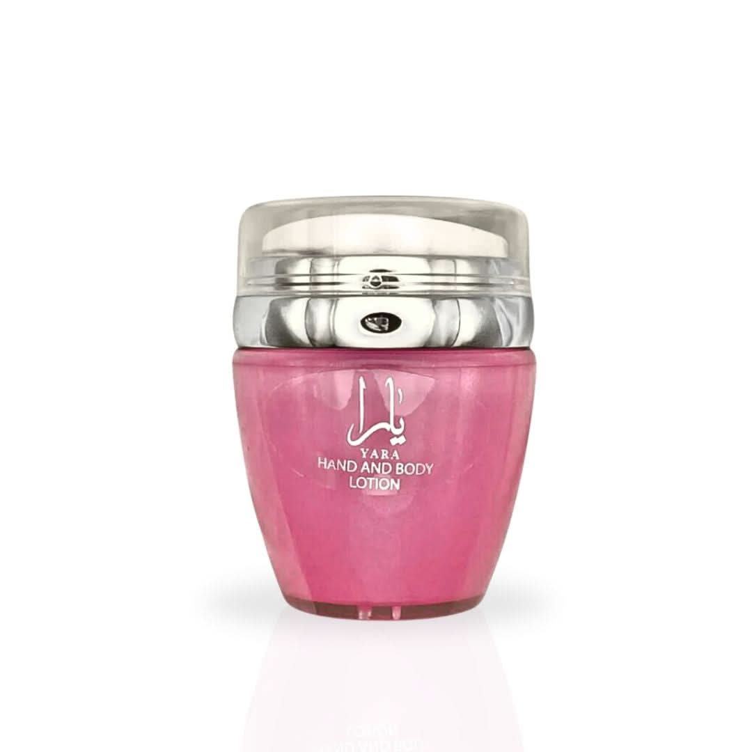 Yara Hand & Body Lotion by Ard Al Zaafaran in a velvet pouch, 45ml bottle, showing the elegant packaging and lotion texture.