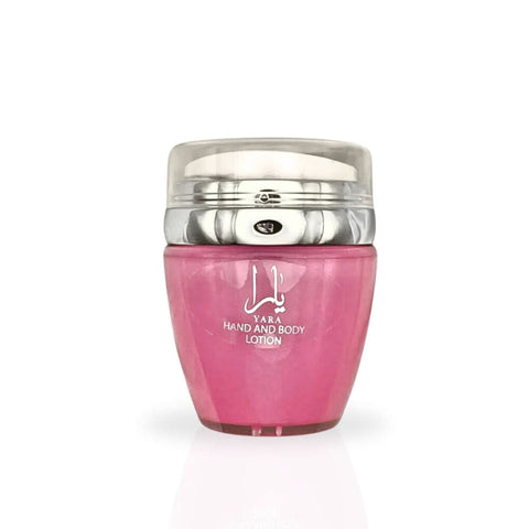 Yara Hand & Body Lotion by Ard Al Zaafaran in a velvet pouch, 45ml bottle, showing the elegant packaging and lotion texture.