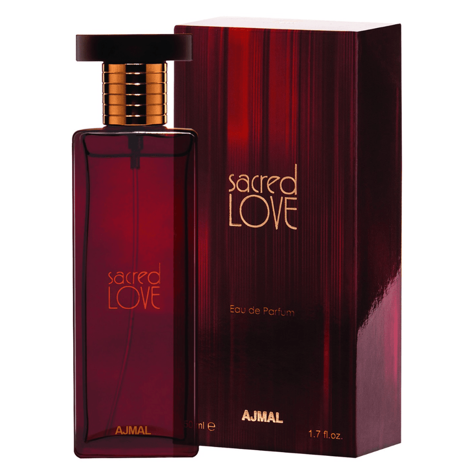 Ajmal Sacred Love for Women EDP bottle, 50ml (1.7 oz), elegant perfume packaging with floral and feminine design.