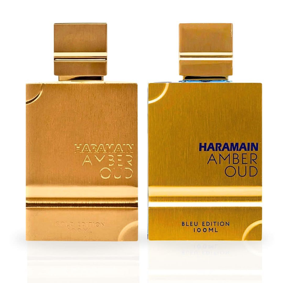 Al Haramain Amber Oud Gold and Bleu Edition Eau de Parfum sprays in 100ml bundle, featuring elegant bottles with gold and blue accents.