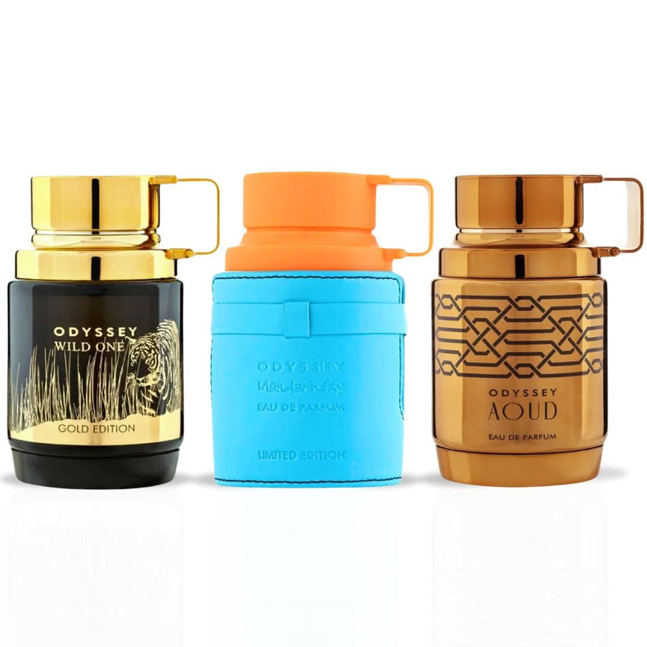 Collection of Armaf Eau de Parfum sprays including Odyssey Mandarin Sky, Aoud Edition, and Wild One Gold Edition, 100ml bottles.