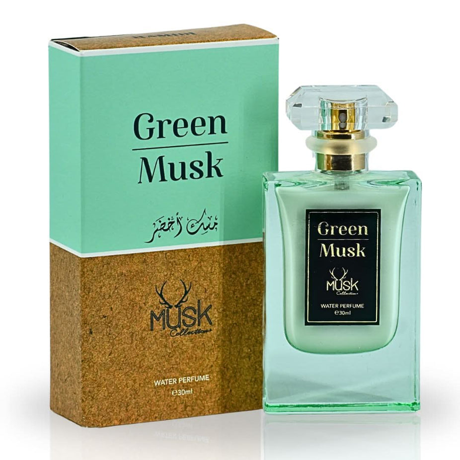 Hamidi Green Musk Water Perfume Spray 30ml, clear glass bottle with green floral design, showcasing the invigorating scent.