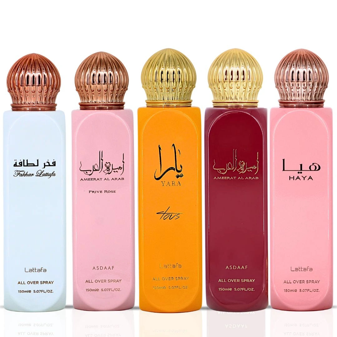 Yara Tous, Ameerat Al Arab, Haya, Ameerat Al Arab Prive Rose & Fakhar Women All-Over Sprays 150ml (5.07 oz) by Lattafa | Five Scents, One Stunning Bundle (Bundle) - Intense Oud