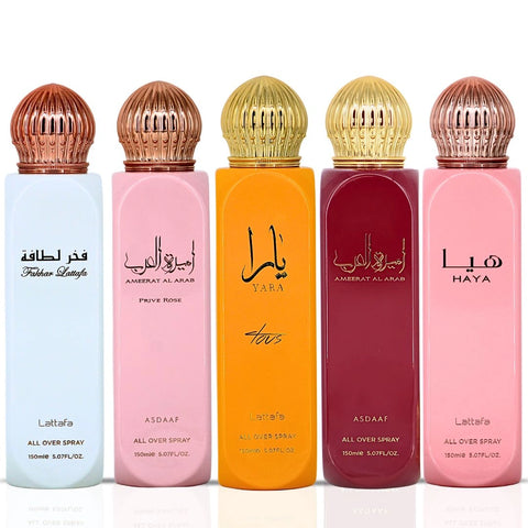 Yara Tous, Ameerat Al Arab, Haya, Ameerat Al Arab Prive Rose & Fakhar Women All-Over Sprays 150ml (5.07 oz) by Lattafa | Five Scents, One Stunning Bundle (Bundle) - Intense Oud