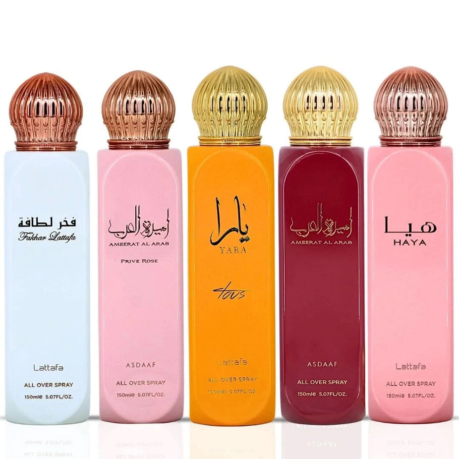 Lattafa Ameerat Al Arab women’s perfume spray bundle featuring Haya, Ameerat Al Arab Prive Rose & Fakhar in 150ml bottles.