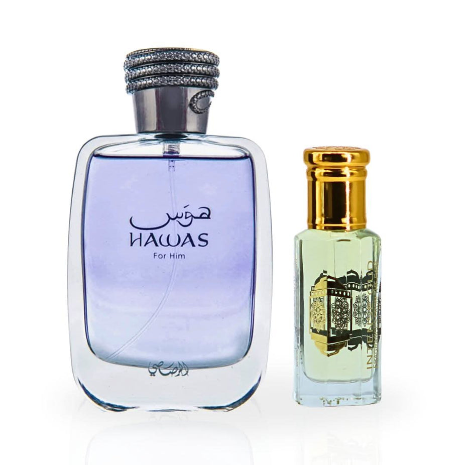 Hawas for Men Eau de Parfum spray and Oudh Malak perfume oil gift set by Intense Oud, with magnetic gift box, on white background.