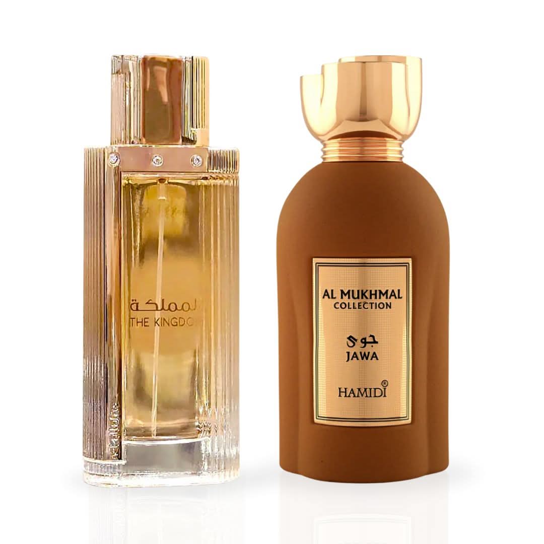 Bundle of two 100ml Intense Oud Eau de Parfum sprays: The Kingdom for Women by Lattafa and Jawa by Hamidi.