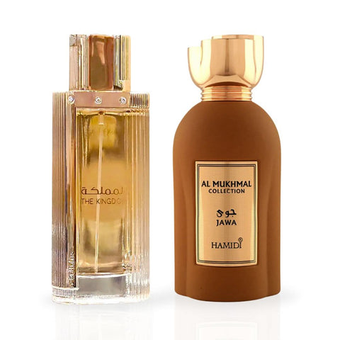 Bundle of two 100ml Intense Oud Eau de Parfum sprays: The Kingdom for Women by Lattafa and Jawa by Hamidi.