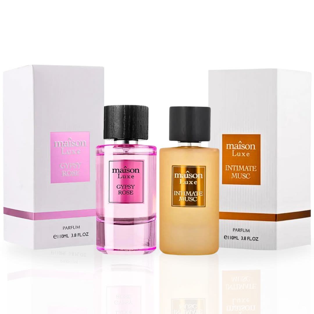 Hamidi Maison Luxe Intimate Musc and Gypsy Rose Eau de Parfum spray bundle, 110ml bottles, elegant fragrance packaging.