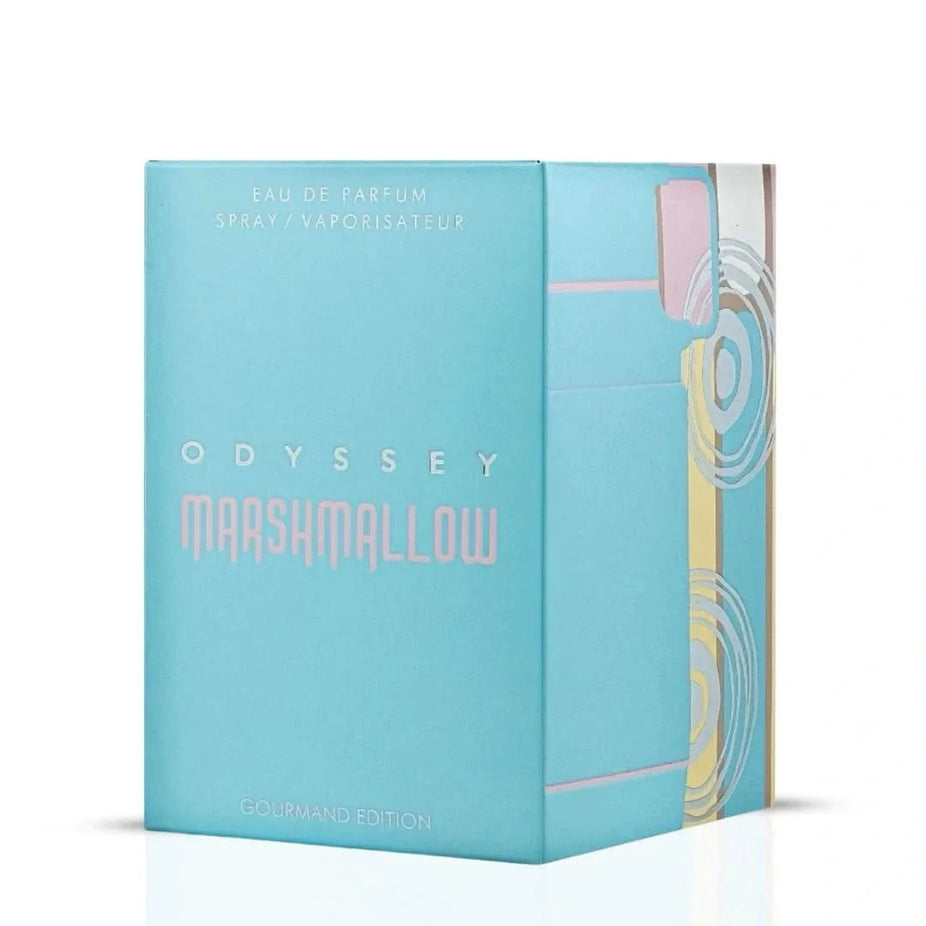 Armaf Odyssey Marshmallow Gourmand Edition Eau De Parfum spray bottle, 100ml, featuring a sleek design and luxurious packaging.
