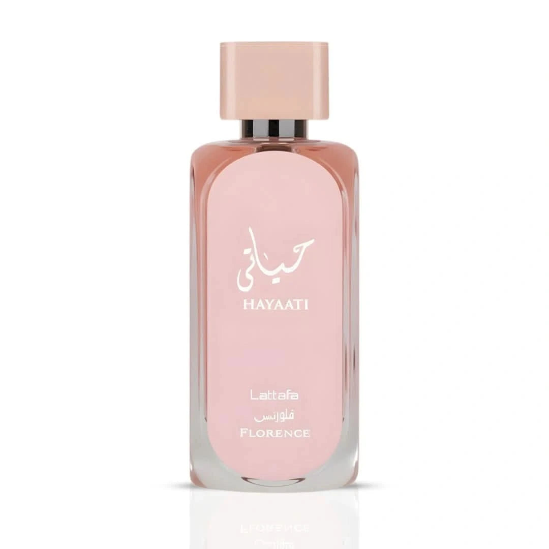 Lattafa Hayaati Florence Eau De Parfum spray in a 100ml bottle with a velvet pouch, showcasing the elegant perfume packaging.