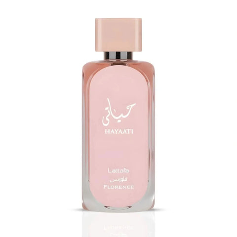 Lattafa Hayaati Florence Eau De Parfum spray in a 100ml bottle with a velvet pouch, showcasing the elegant perfume packaging.