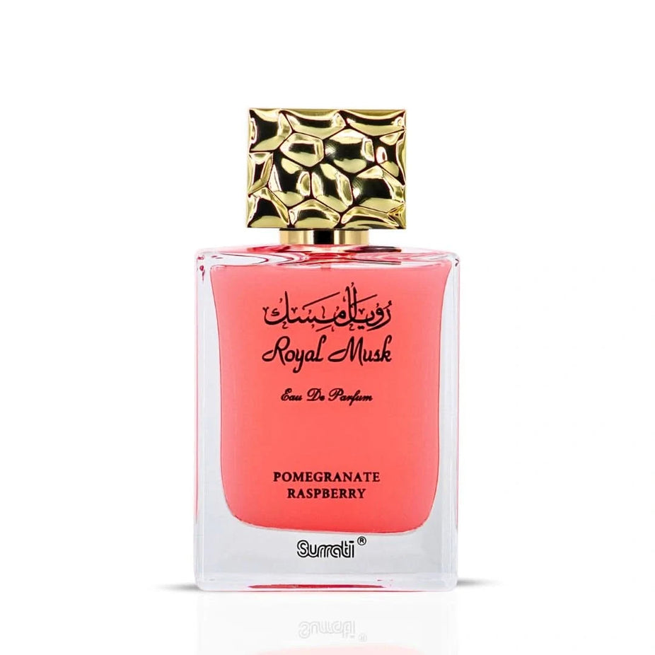 Surrati Royal Musk Pomegranate Raspberry Eau de Parfum spray 100ml bottle with elegant design and floral accents.