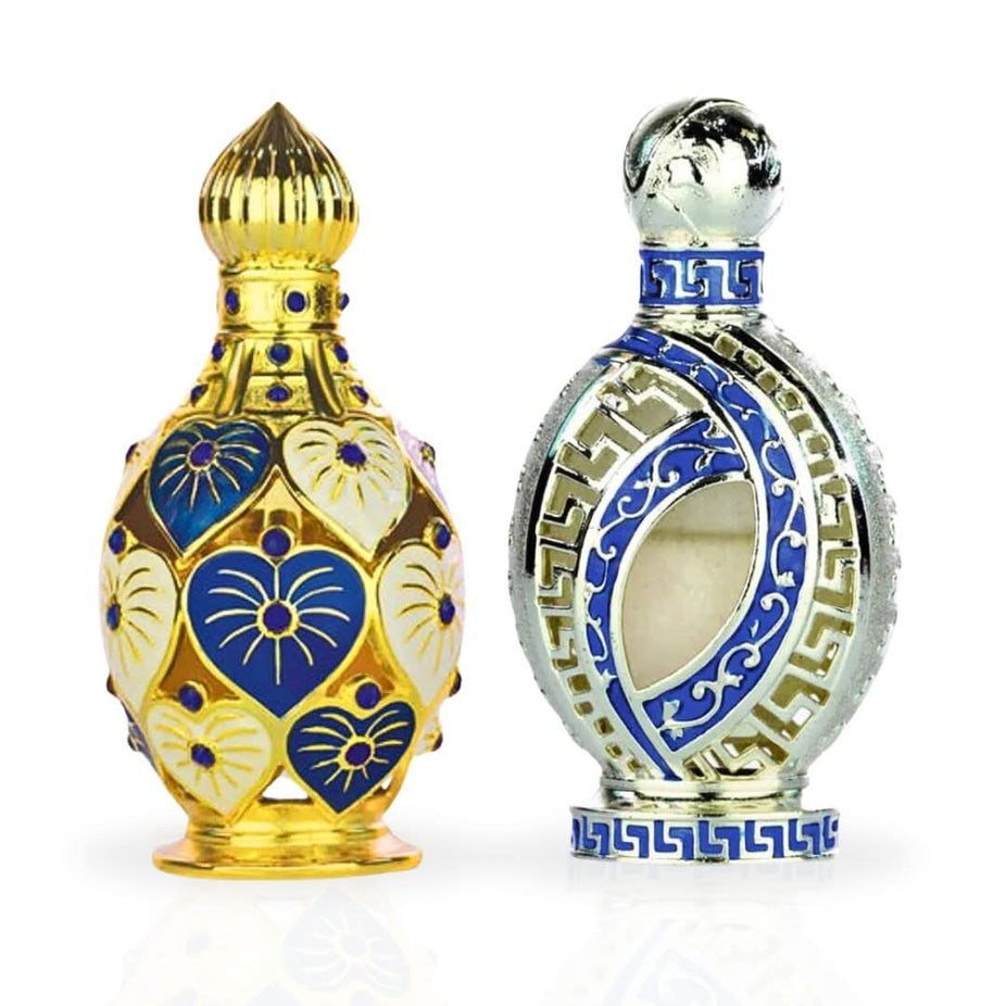 Hamidi Jawahir & Iqra perfume oils bundle showing two elegant glass bottles with decorative caps and intricate labels.