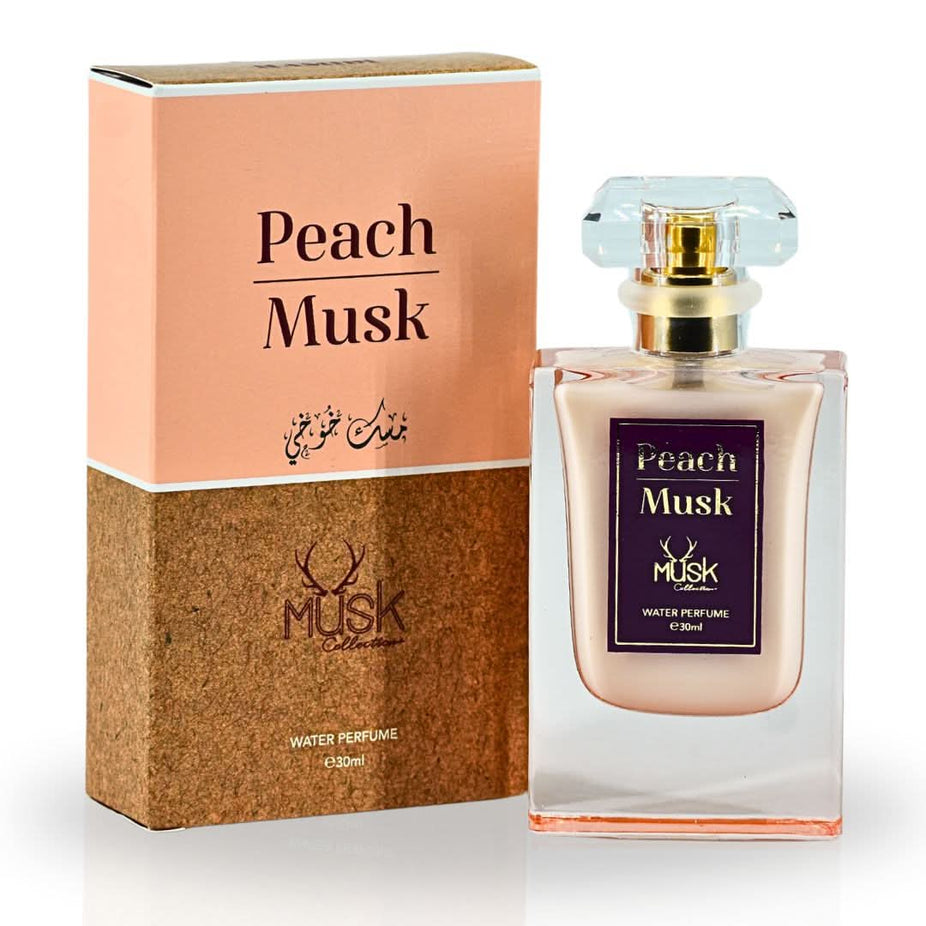 Hamidi Peach Musk Water Perfume spray 30ml, elegant bottle with a soft peach and musk scent, designed for a refreshing aromatic experience.