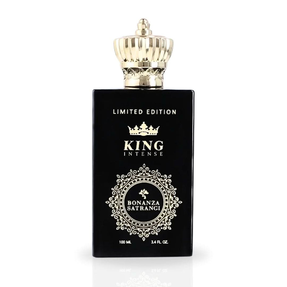 Bonanza Satrangi King Intense EDP spray 100ML bottle, showcasing elegant packaging for long-lasting warm vanilla fragrance.