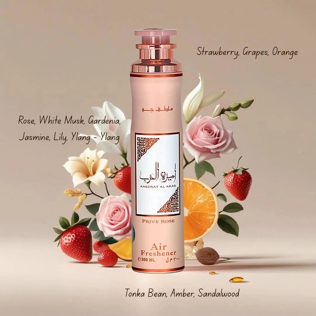Lattafa Ameerat Al Arab Prive Rose air freshener in 300ml bottle, featuring a floral rose scent and elegant packaging.