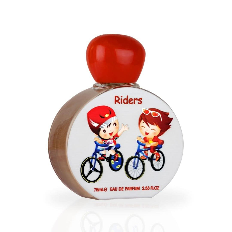 Kids Riders Eau de Parfum Spray by Lattafa Pride, 75ml bottle, featuring a colorful design with a playful riding-themed label.