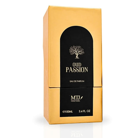 MTJ Oud Passion Eau de Parfum spray bottle, 100ml, with elegant packaging and a luxurious scent display.