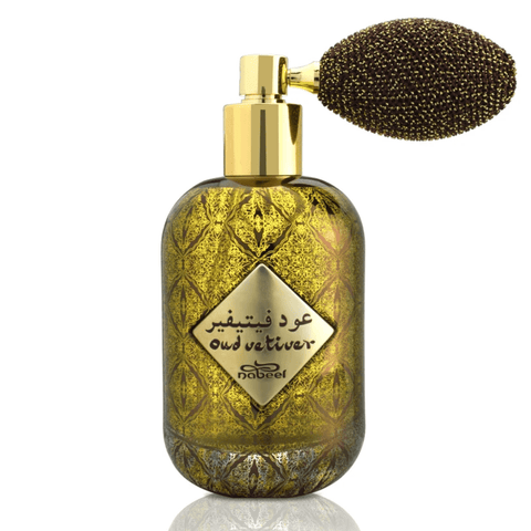 Nabeel Oud Vetiver Eau De Parfum bottle, 100ml, with elegant packaging and a dark amber-colored fragrance liquid.